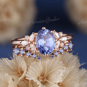 Cornflower Sapphire Engagement Ring Set Rose Gold Diamond Opal Rings For Women Natural Sapphire Wedding Band September Birthstone Jewelry