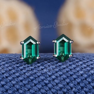 Unique Long Hexagon Cut Emerald Stud Earrings White Gold Custom Birthstone Jewelry Earrings Anniversary Gift For Women Mother days gift