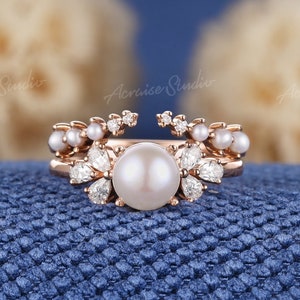 Vintage Akoya Perle Verlobungsring Set Rose Gold Perle und Moissanite offene Ehering einzigartige kundenspezifische Schmuck Jahrestag Ringe für Frauen