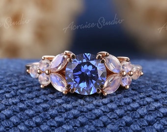 Unque Cornflower Sapphire Engagement Ring Vintage Rose Gold Marquise Moonstone Cluster Sapphire Wedding Ring Anniversary Rings For Women