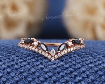 Unique Marquise Black Diamond Curved Wedding Band Rose Gold Moissanite Black Onyx Stacking Matching Ring Custom Anniversary Rings For Women