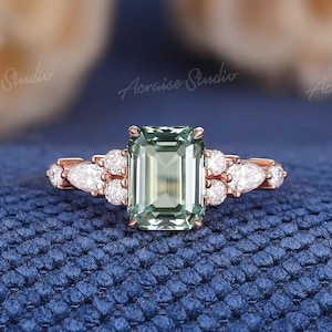 Emerald Cut Green Sapphire Engagement Ring Moissanite Cluster Wedding Ring Rose Gold Rings For Women Green Gemstone Sapphire Bridal Jewelry