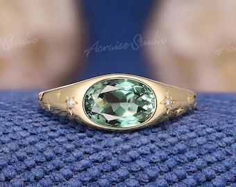 2CT East West Green Sapphire Ring, Solitaire 14k Gold Bezel Engagement Ring, Star Burst Engraved Band, Handcrafted Promise Bridal Gift