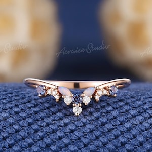 Vintage Alexandrite Moon Star Wedding band Rose Gold Moonstone Rings  Moissanite Curved Wedding Band Handmake Custom Promise RIng For Women