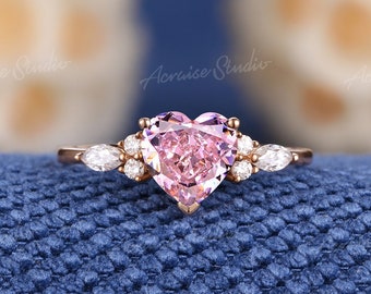 Unique Heart Shaped Pink Sapphire Engagement Ring Vintage Rose Gold Moissanite Pink Sapphire Wedding Ring Custom Anniversary Rings For Women