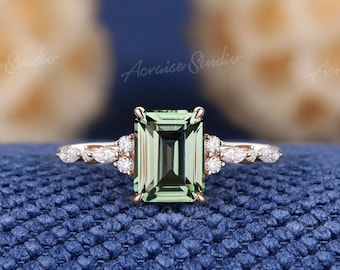 2ct Emerald Cut Green Sapphire Engagement Ring Rose Gold Unique Moissanite Cluster Wedding Ring Promise Rings Personalized Gift For Mom
