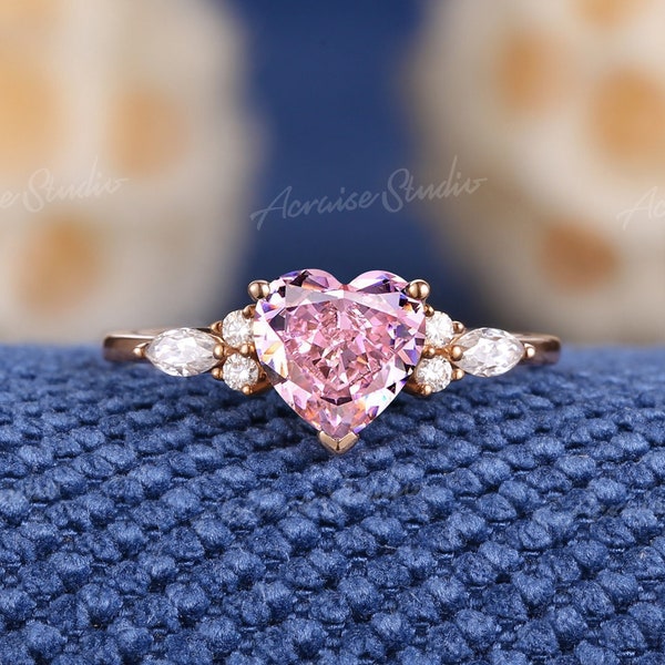 Unique Heart Shaped Pink Sapphire Engagement Ring Vintage Rose Gold Moissanite Pink Sapphire Wedding Ring Custom Anniversary Rings For Women