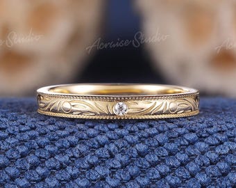 Anillo de bodas vintage con diamantes grabados, filigrana de oro amarillo de 14 quilates, apilable, para mujer, anillo de bodas con filigrana milgrain, regalo personalizado.