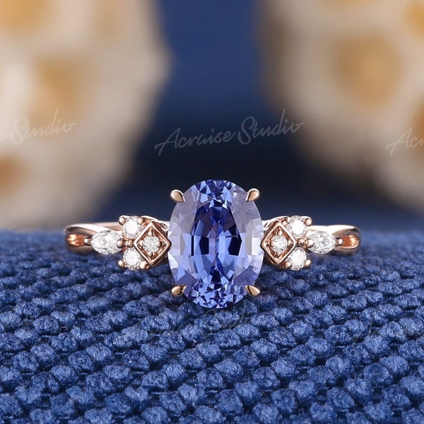 Art Deco Oval Shaped Sapphire Engagement Ring Rose Gold Unique Moissanite Cluster Wedding Ring Handmade Jewelry Anniversary Gifts For Women