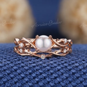 Vintage Akoya Perle Verlobungsring Set Rose Gold Ehering Set Diamant Cluster Blatt Ehering Perle Ring Set Versprechen Ringe für Frauen