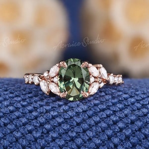Art Deco Oval Shaped Green Sapphire Engagement Ring Delicate Rose Gold Moissanite Cluster Wedding Ring Dainty Anniversary Ring  For Women