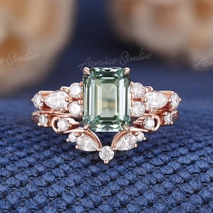 Emerald Cut Green Sapphire Engagement Ring Set Rose Gold Moissanite Cluster Wedding Ring Set Art Deco Rings For Women Green Sapphire Jewelry