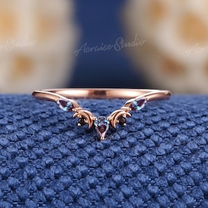 Unique Moon star Inspired Alexandrite Wedding Band Rose Gold Black Onyx Custom Stacking Matching Ring Promise Anniversary Rings For Women