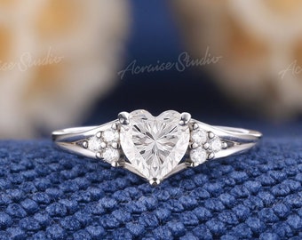 Vintage Heart Cut Moissanite Engagement Ring 14k White Gold Unique Natural Diamond Cluster Wedding Ring Promise Anniversary Rings For Women