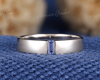 Vintage White Gold Sapphire Mens Rings Baguette Sapphire Mens Wedding Band Stacking Matching Couple Rings For Men Anniversary Gift For Him