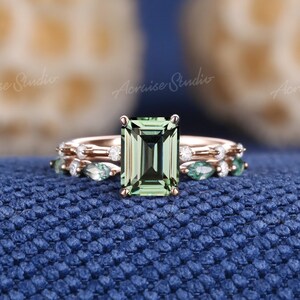 Elongated 3.12 CT Emerald Moissanite Engagement Ring Set Art