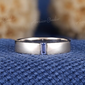 Vintage White Gold Sapphire Mens Rings Baguette Sapphire Mens Wedding Band Stacking Matching Couple Rings For Men Anniversary Gift For Him