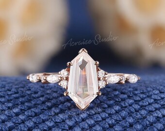 Vintage Hexagon Shaped Moissanite Engagement Ring 14k Rose Gold Delicate Diamond Cluster Wedding Ring Anniversary Promise Gifts For Women