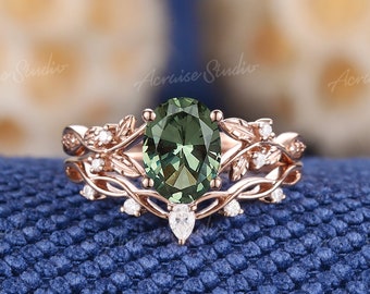 Vintage Oval Cut Green Sapphire Engagement Ring Set Vintage Moissanite Wedding Ring Set 14k Gold Rings Bridal Set Anniversary Ring For Women