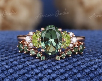 Vintage Green Sapphire Engagement Ring Set Rose Gold Peridot Cluster Wedding Ring Sapphire Curved Wedding Band Anniversary Rings For Women