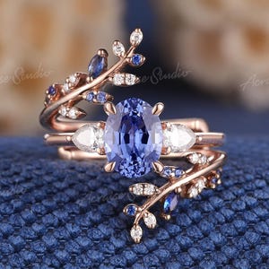 Cornflower Sapphire Engagement Ring Set Rose Gold Moissanite Ring Enhacer September Birthstone Rng Sapphire Jewelry Best Gifts For Her