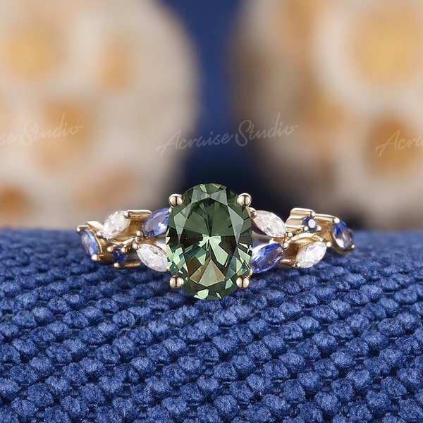 Art Deco Oval Cut Green Sapphire Engagement Ring 14k Yellow Gold Vintage Moissanite Cluster Wedding Ring Anniversary Promise Rings For Women