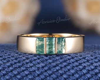 5mm Baguette Cut Moss Agate Mens Wedding Band 14K Yellow Gold Mens Ring Simple Band Stackable Rings For Men & Women Anniversary Gift For Him