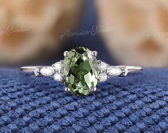 Green Sapphire Engagement Ring White Gold Moissanite Cluster Wedding Rings For Women Anniversary Personalized Gifts For Her Sapphire Jewelry