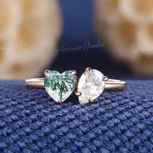 Unique Two Stone Moss Agate Engagement Ring Rose Gold Art Deco Moissanite Wedding Ring You & Me Promise Rings Anniversary Gifts For Her