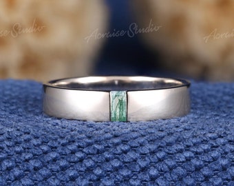 Unique White Gold Moss Agate Mens Rings Baguette cut Natural Moss Agate Mens Wedding Band Stacking Matching Couple Anniversary Rings For Men