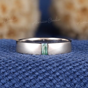 Unique White Gold Moss Agate Mens Rings Baguette cut Natural Moss Agate Mens Wedding Band Stacking Matching Couple Anniversary Rings For Men