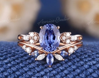 Art Deco ovale saffier verlovingsring set 14k Rose Gold unieke Moissanite cluster trouwring set bruidsring set verjaardagscadeaus