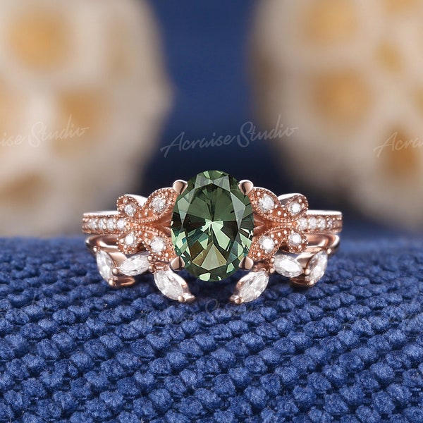 Oval Shaped Sapphire Engagement Ring Set Rose Gold Vintage Open Moissanite Wedding Ring Set Unique Bridal Stacking Rings Anniversary Gifts