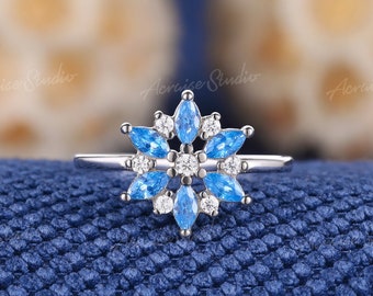 Unique Marquise Cut Aquamarine Engagement Ring 14k White Gold Vintage Moissanite Wedding Ring Flower Design Promise Rings Anniversary Gifts