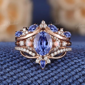 3pc Oval Cut Cornflower Sapphire Engagement Ring Set Rose Gold Opal Diamond Wedding Rings for Women Sapphire Jewelry Valentines Day Gift
