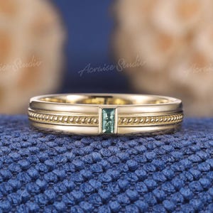 Aliança de casamento masculina de ágata musgo lapidada em baguete, com contas em ouro amarelo, anel masculino de ágata verde, anéis exclusivos para casais, presente de aniversário para ele