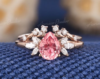 Peach Sapphire Engagement Pink Pear Engagement Ring Vintage Pink
