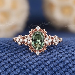 Vintage Oval Green Sapphire Engagement Ring Floral Leaf Design Moissanite Cluster Ring Rose Gold Ring Art Deco Bridal Promise Ring for Women