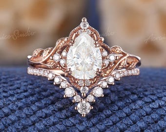 Vintage Moissanite Engagement Ring Set Leaf Twig Ring Rose Gold Diamond Wedding Ring Set Promise Anniversary Personalized Gift For Her