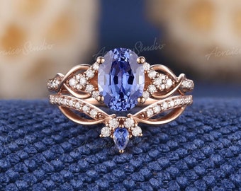 Oval Cut Cornflower Sapphire Engagement Ring Set Rose Gold
