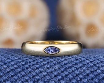 Vintage Marquise Shaped Sapphire Wedding Band 14k Yellow Gold Solitaire Matching Ring Custom Minimalist Jewelry Anniversary Promise Rings