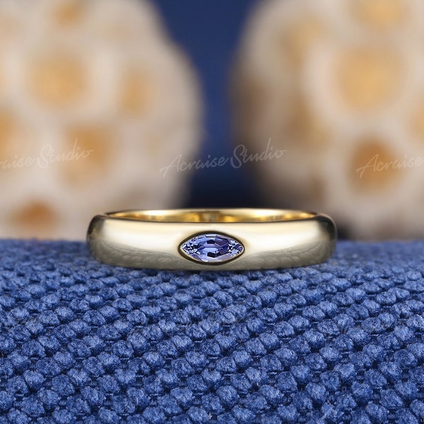 Vintage Marquise Shaped Sapphire Wedding Band 14k Yellow Gold Solitaire Matching Ring Custom Minimalist Jewelry Anniversary Promise Rings