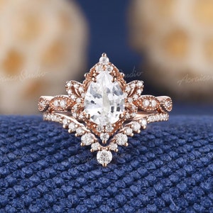 Vintage White Sapphire Engagement Ring Set Butterfly Ring Moissanite Wedding Rings Women Bridal Set Diamond Curved Band Rose Gold Gifts