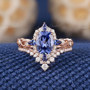 Vintage Cornflower Sapphire Engagement Ring Set Nature Inspired Sapphire Custom Promise Ring Art Deco Rose Gold Diamond Promise Ring For Her