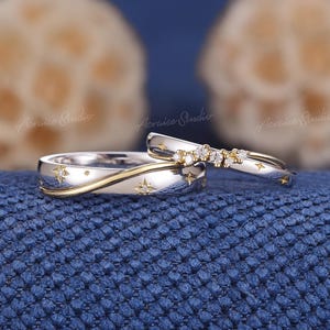 Two Tone Diamond Couple Ring Twist Star Engraved Wedding Band White Yellow Gold Stackable Rings For Men & Women Personalized Gift For Her