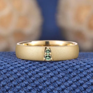 Natural Green Sapphire Mens Wedding Band 14K Yellow Gold Sandblasted Teal Sapphire Rings For Men & Women 4.5MM Mens Engagement Gift For Him
