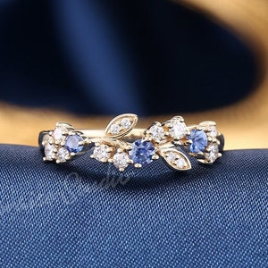 Cornflower Sapphire Engagement Ring Women Dainty Leaf Gold Ring Diamond Leaves Floral Vine Promise Ring Delicate Anniversary Gift for Her