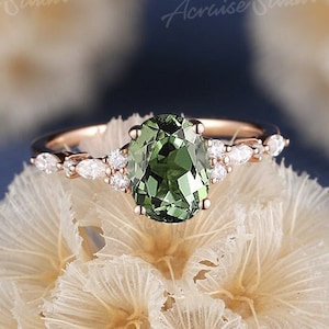 Oval Cut Green Sapphire Engagement Ring 14K Gold Diamond Cluster Wedding Ring Art Deco Bridal Rings For Women Promise Anniversary ring