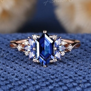 Hexagon Blue Sapphire Engagement Ring, Rose Gold Moissanite Cluster