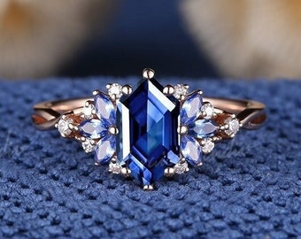 Hexagon Blue Sapphire Engagement Ring Rose Gold Marquise Sapphire Cluster Wedding Ring Diamond Rings For Women September Birthstone Jewelry